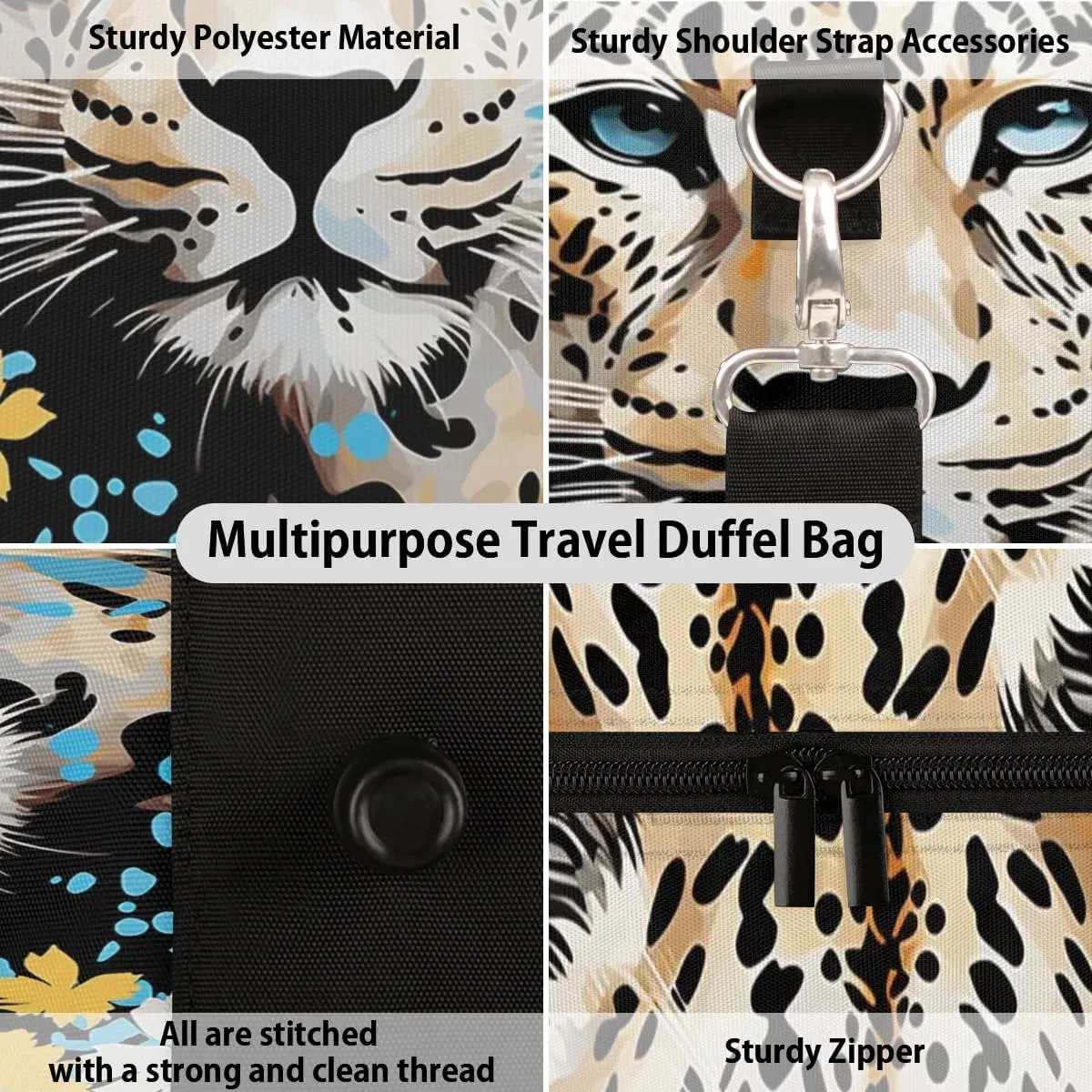 Leopard Animal Travel Duffel Bag for Women Men Waterproof Foldable Overnight Weekender Bag Large Capacity Sports Gym Bag