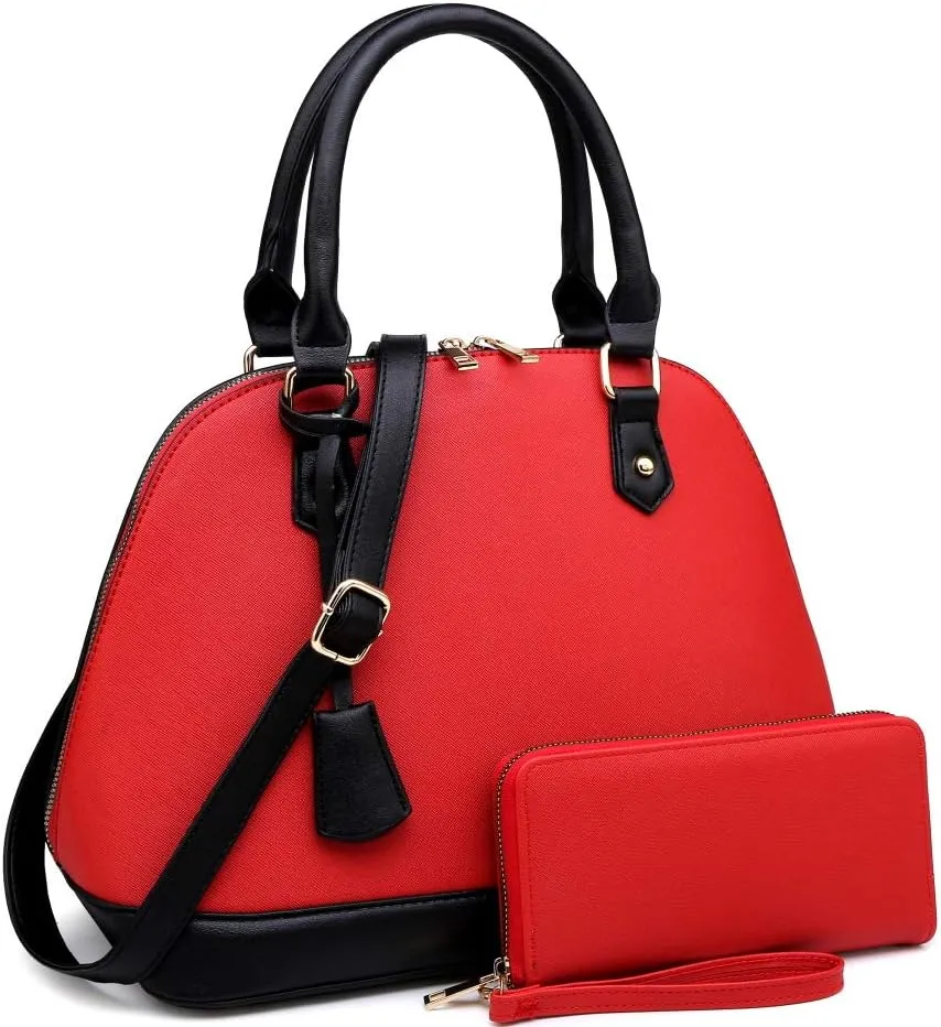 Leopard Ostrich Animal Print Vegan Leather Dome Satchel Purse Handbag Wallet Set (1Large Plain Leather - Red/Black)