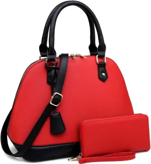 Leopard Ostrich Animal Print Vegan Leather Dome Satchel Purse Handbag Wallet Set (1Large Plain Leather - Red/Black)