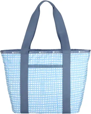 LeSportsac Painterly Weave Everyday Zip Tote Handbag/Travel Bag, Style 3867/Color E612, Dreamy Sky Blue & Crisp White Unite, Abstract Playful Gingham Inspired Weave, Subtle Pearlized Sheen