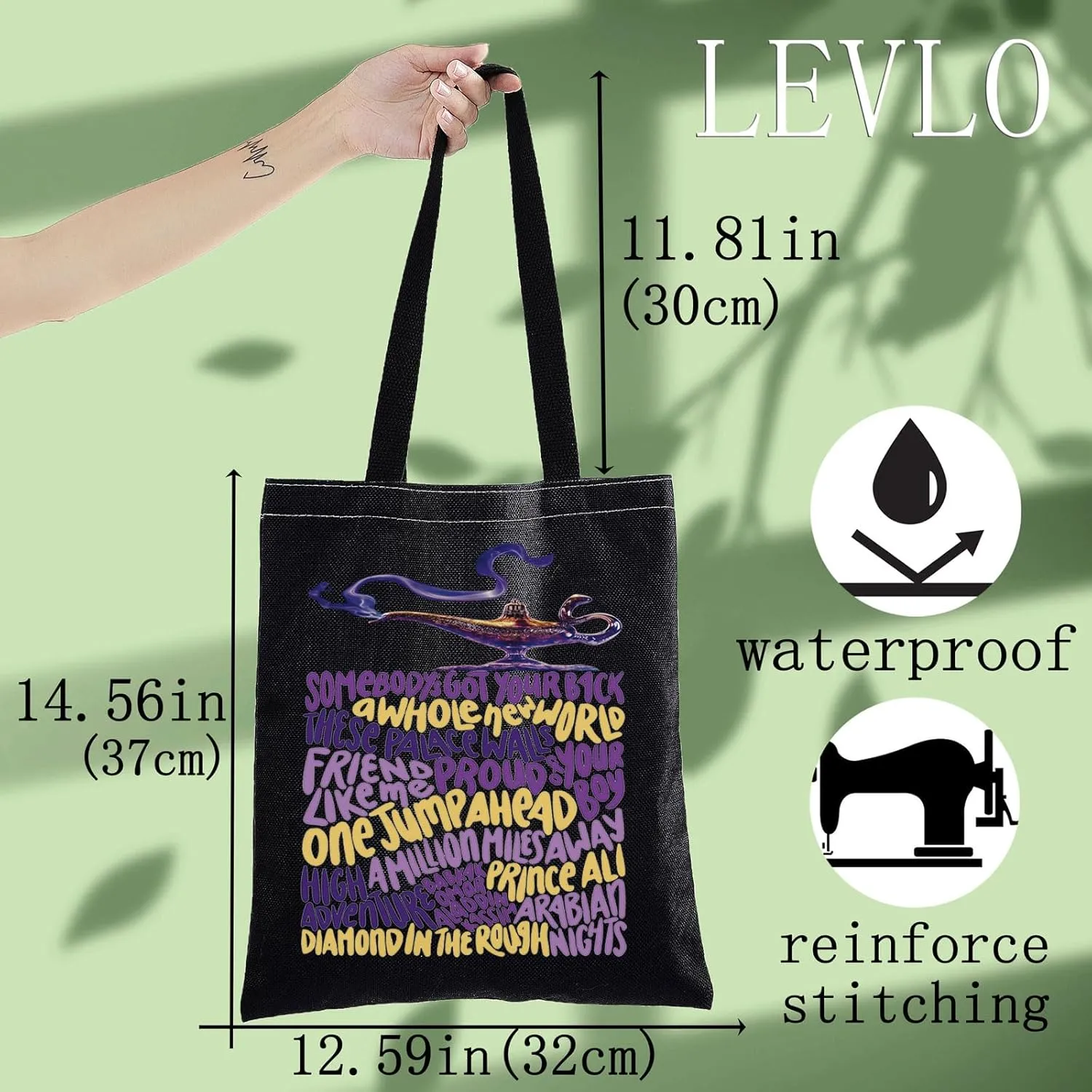 LEVLO Aladdin Musical Canvas Tote Bag Jasmine Musical Fans Gift Genie Lamp Grocery Reusable Bag