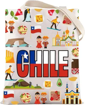 LEVLO Chile Flag Canvas Tote Bag Chilean Vacation Gift Republic of Chile Shoulder Bag Chile Travel Culture Merchandise