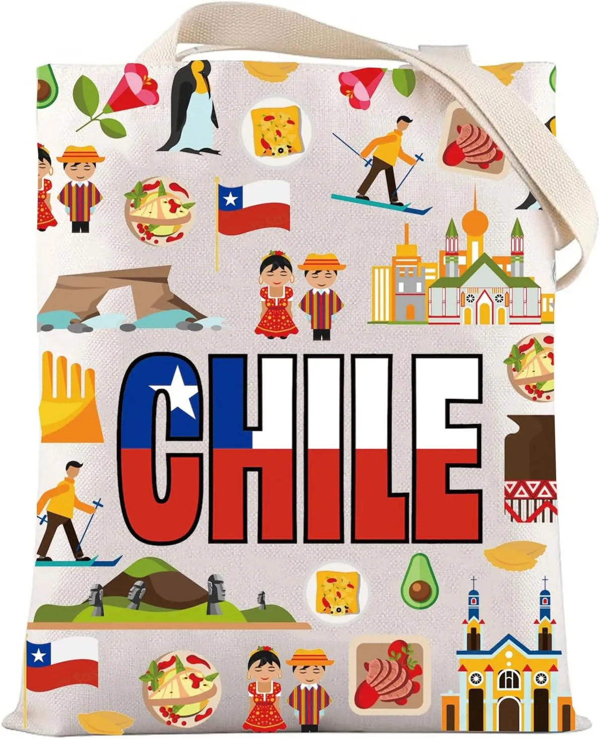 LEVLO Chile Flag Canvas Tote Bag Chilean Vacation Gift Republic of Chile Shoulder Bag Chile Travel Culture Merchandise