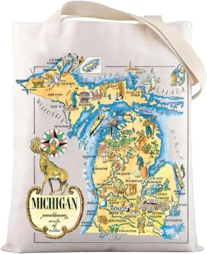 LEVLO Fun State Map Tote Bag - Michigan Travel Souvenir Gift - 1940's Michigan Cartoon Illustration Shoulder Bag