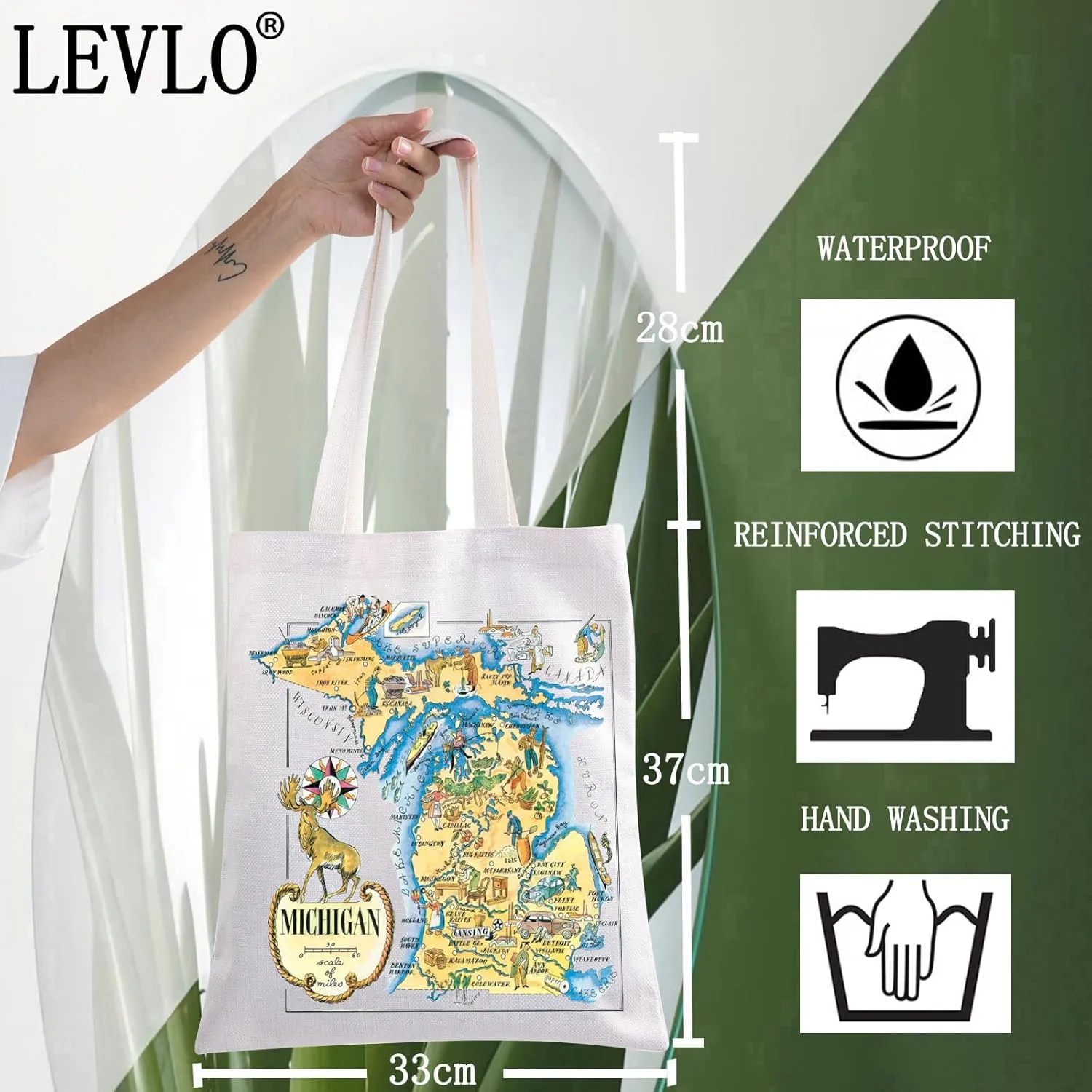 LEVLO Fun State Map Tote Bag - Michigan Travel Souvenir Gift - 1940's Michigan Cartoon Illustration Shoulder Bag