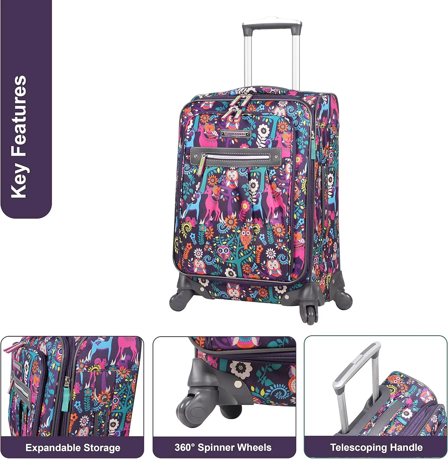 Lily Bloom Luggage Set 4 Piece Suitcase Collection with Spinner Wheels for Woman (Wildwoods)