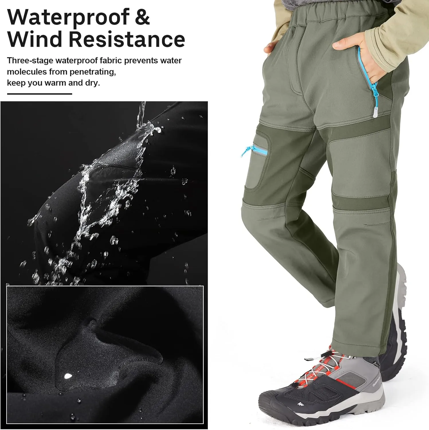 linlon Kids Boy's Snow Waterproof Pants Youth Fleece Lind Hiking Softshell Warm Insulated Trousers