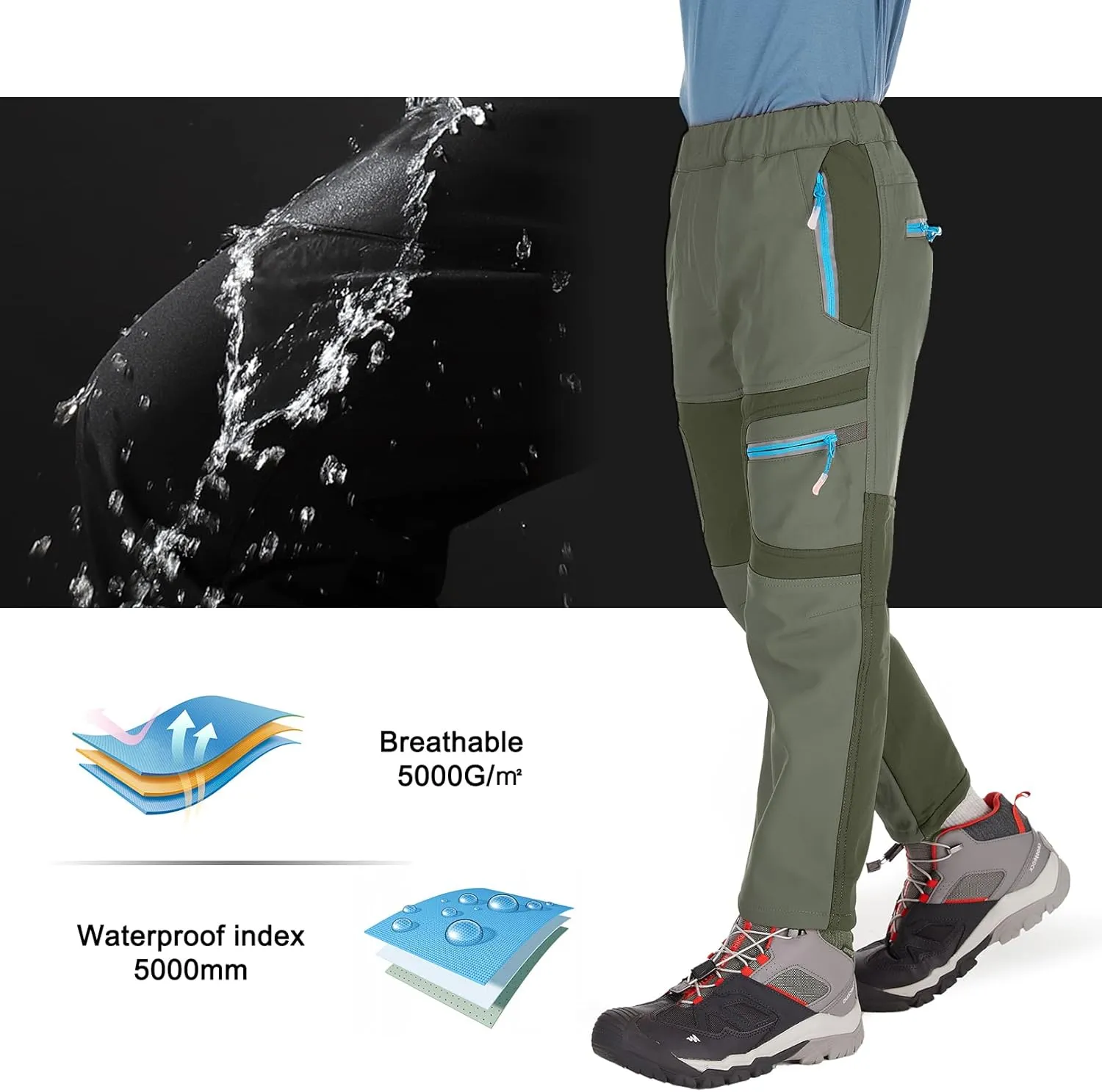 linlon Kids Boy's Snow Waterproof Pants Youth Fleece Lind Hiking Softshell Warm Insulated Trousers
