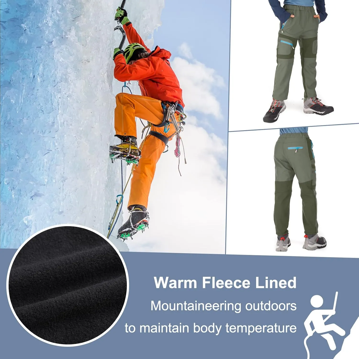 linlon Kids Boy's Snow Waterproof Pants Youth Fleece Lind Hiking Softshell Warm Insulated Trousers