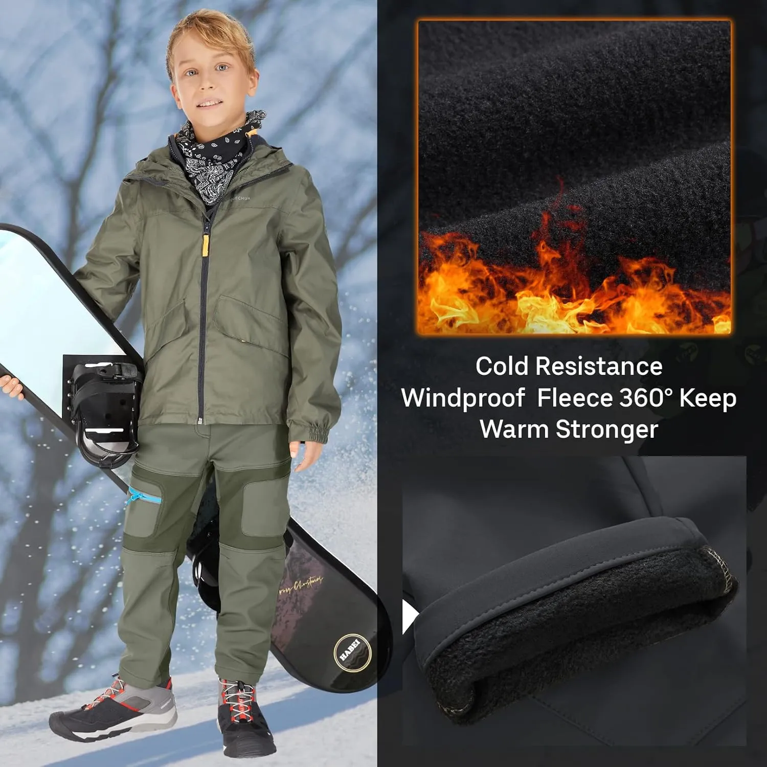 linlon Kids Boy's Snow Waterproof Pants Youth Fleece Lind Hiking Softshell Warm Insulated Trousers