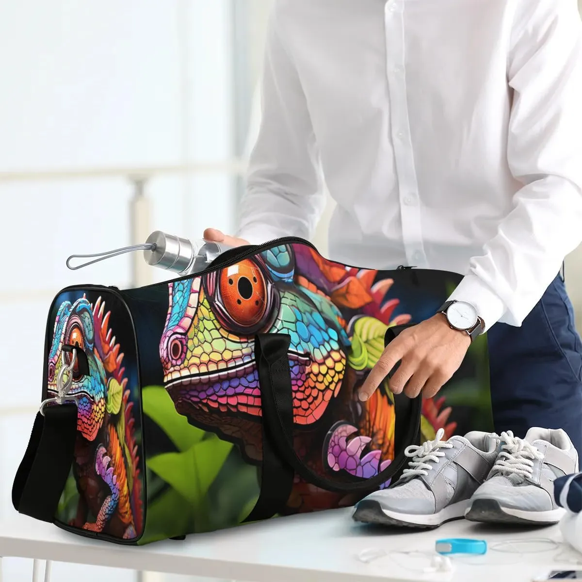 Lizard Print Travel Duffel Bag for Women Men Waterproof Foldable Overnight Weekender Bag Large Capacity Sports Gym Bag