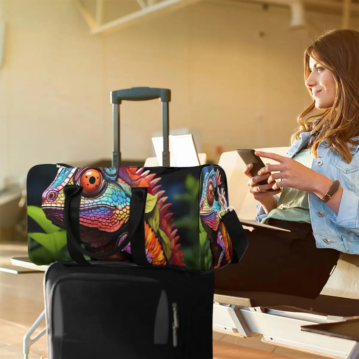 Lizard Print Travel Duffel Bag for Women Men Waterproof Foldable Overnight Weekender Bag Large Capacity Sports Gym Bag