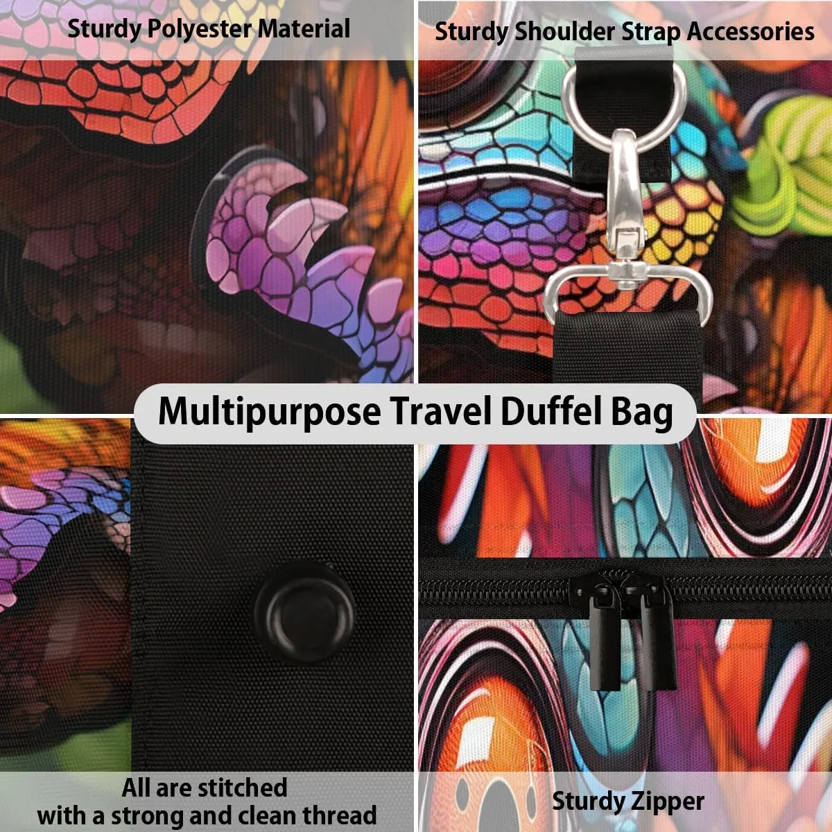 Lizard Print Travel Duffel Bag for Women Men Waterproof Foldable Overnight Weekender Bag Large Capacity Sports Gym Bag