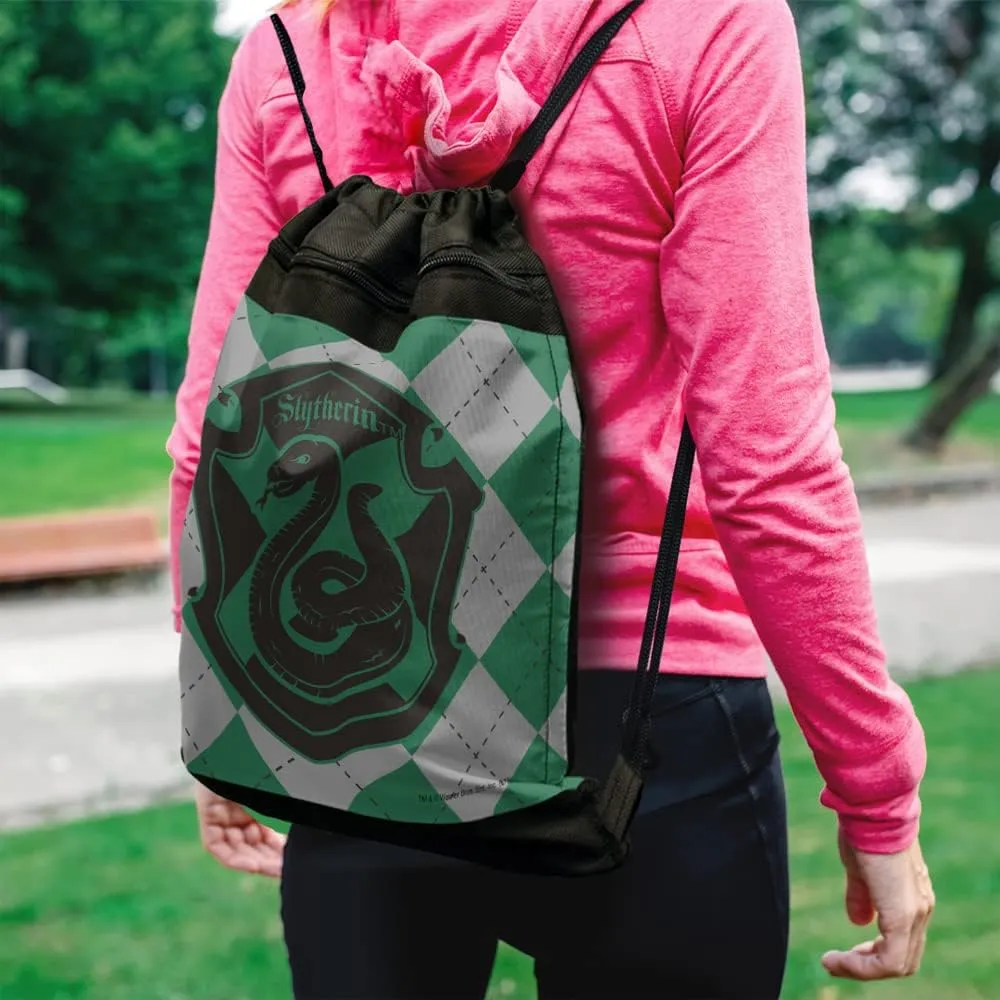 LOGOVISION Harry Potter Slytherin Plaid Sigil Drawstring Backpack Sports Bag Sackpack 17" x 13", Perfect for Gym, Yoga or Practice