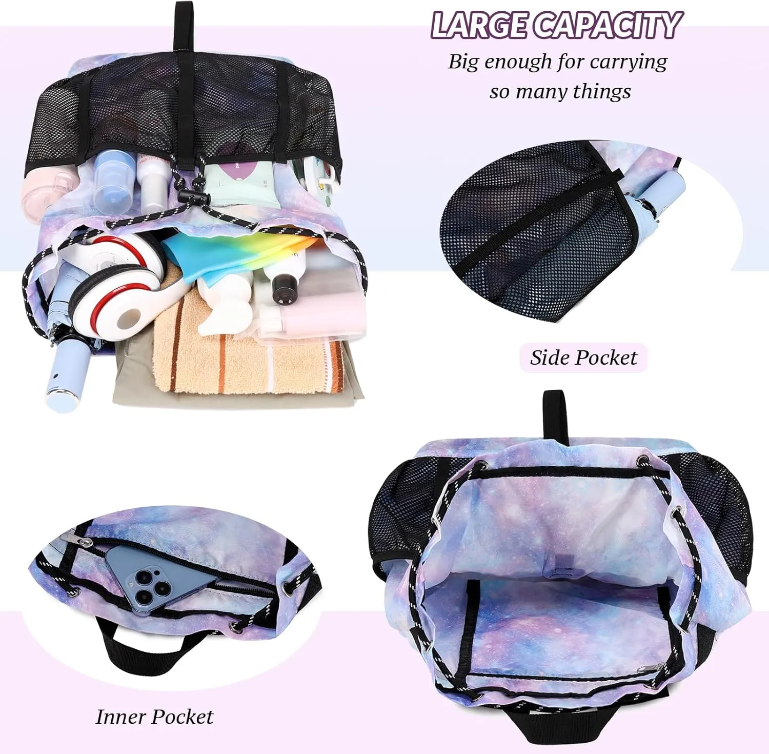 Lohol Lightweight Drawstring Backpack with Mesh Pockets for Women Men, Water Resistant String Bag for Sports Beach Swimming Camp Travel (Pink Galaxy)