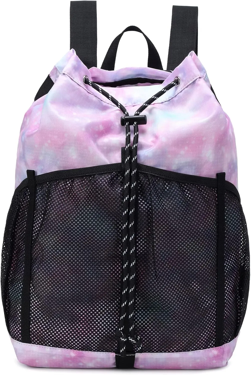 Lohol Lightweight Drawstring Backpack with Mesh Pockets for Women Men, Water Resistant String Bag for Sports Beach Swimming Camp Travel (Pink Galaxy)