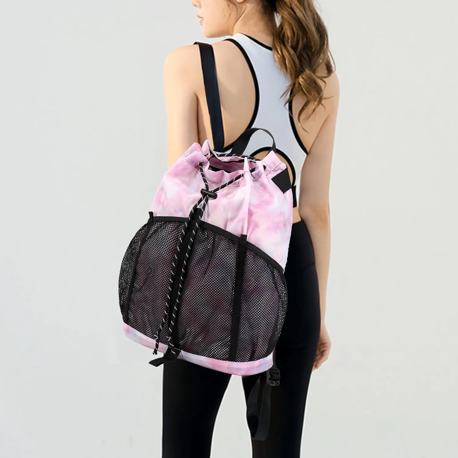 Lohol Lightweight Drawstring Backpack with Mesh Pockets for Women Men, Water Resistant String Bag for Sports Beach Swimming Camp Travel (Pink Galaxy)