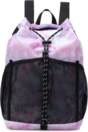 Lohol Lightweight Drawstring Backpack with Mesh Pockets for Women Men, Water Resistant String Bag for Sports Beach Swimming Camp Travel (Pink Galaxy)