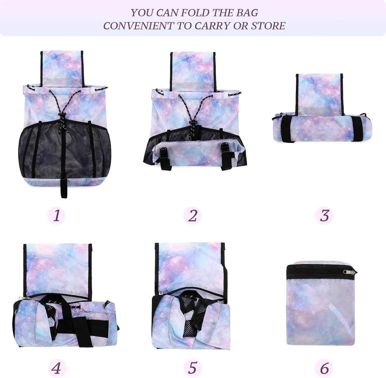 Lohol Lightweight Drawstring Backpack with Mesh Pockets for Women Men, Water Resistant String Bag for Sports Beach Swimming Camp Travel (Pink Galaxy)
