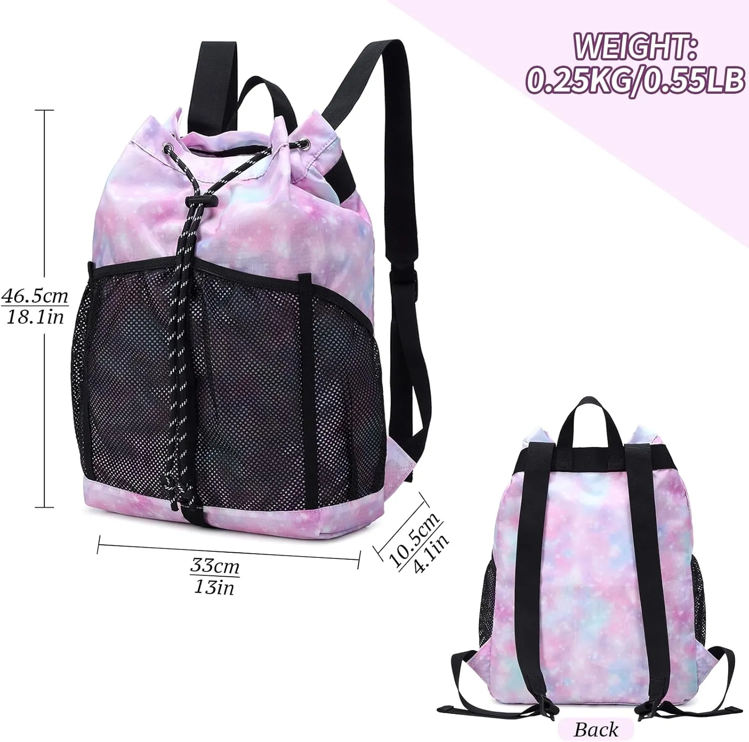 Lohol Lightweight Drawstring Backpack with Mesh Pockets for Women Men, Water Resistant String Bag for Sports Beach Swimming Camp Travel (Pink Galaxy)