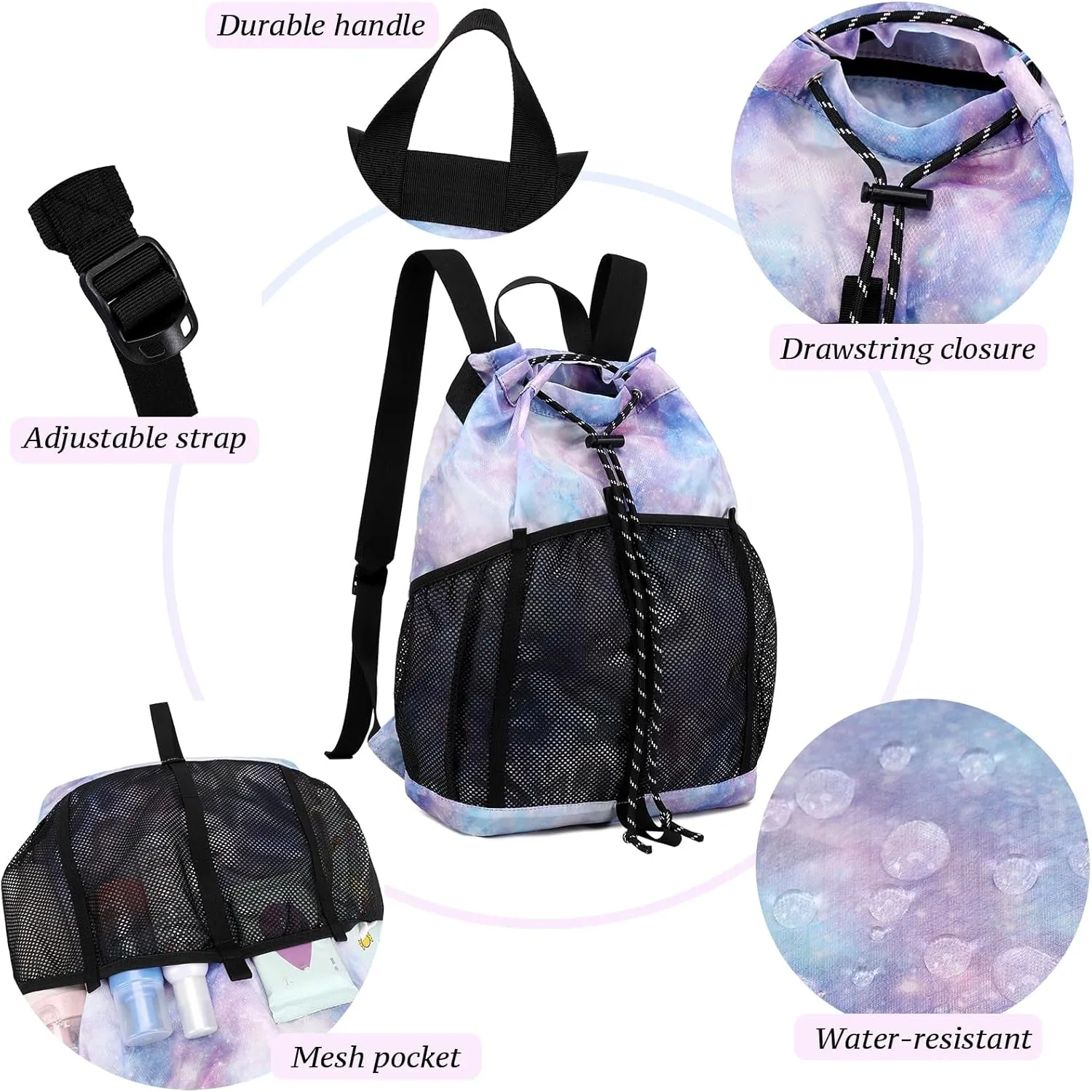 Lohol Lightweight Drawstring Backpack with Mesh Pockets for Women Men, Water Resistant String Bag for Sports Beach Swimming Camp Travel (Pink Galaxy)