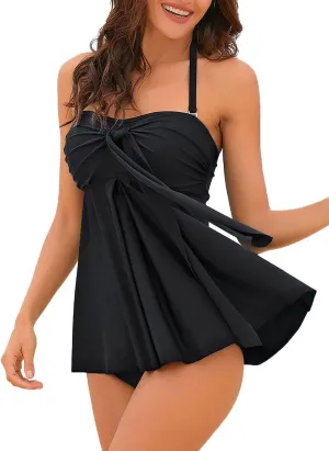 LookbookStore Women's Halter Bandeau Self-Tied Tankini Set Two Pieces Swimsuits