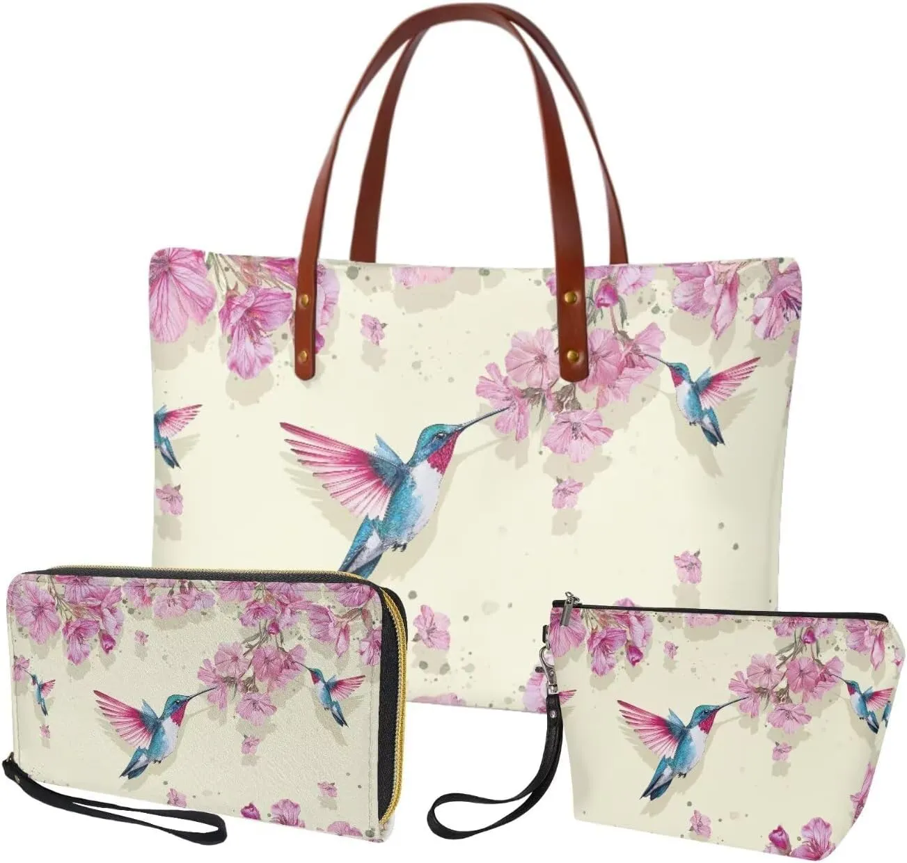 Lotusorchid Top Handle Bag Purse and Wallet Set Large Tote Handbag Satchel Purse with Leather Cosmetic Bag for Women