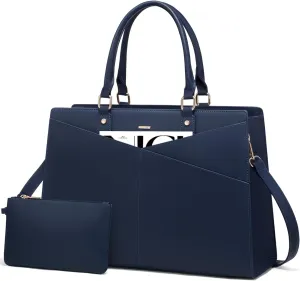 LOVEVOOK Laptop Tote Bag for Women, Leather Business Office Work Bag Computer Briefcase with Small Clutch fit for 15.6 Inch Laptop Navy Blue