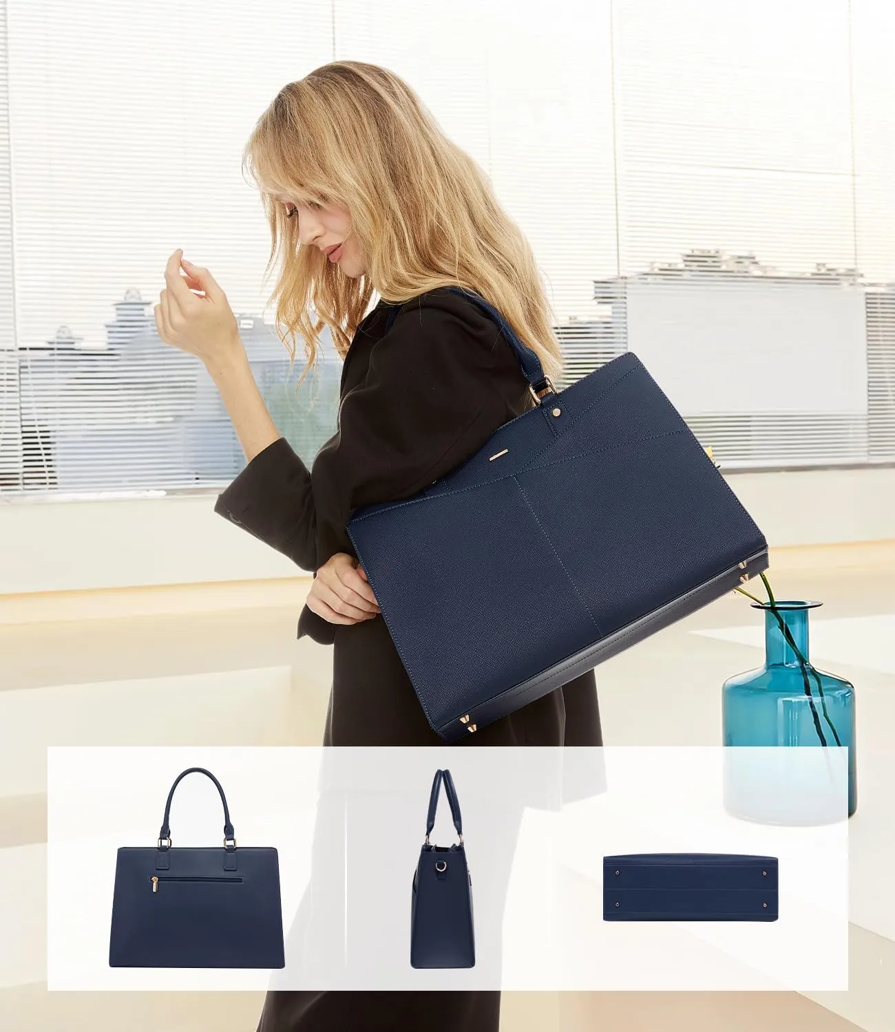 LOVEVOOK Laptop Tote Bag for Women, Leather Business Office Work Bag Computer Briefcase with Small Clutch fit for 15.6 Inch Laptop Navy Blue