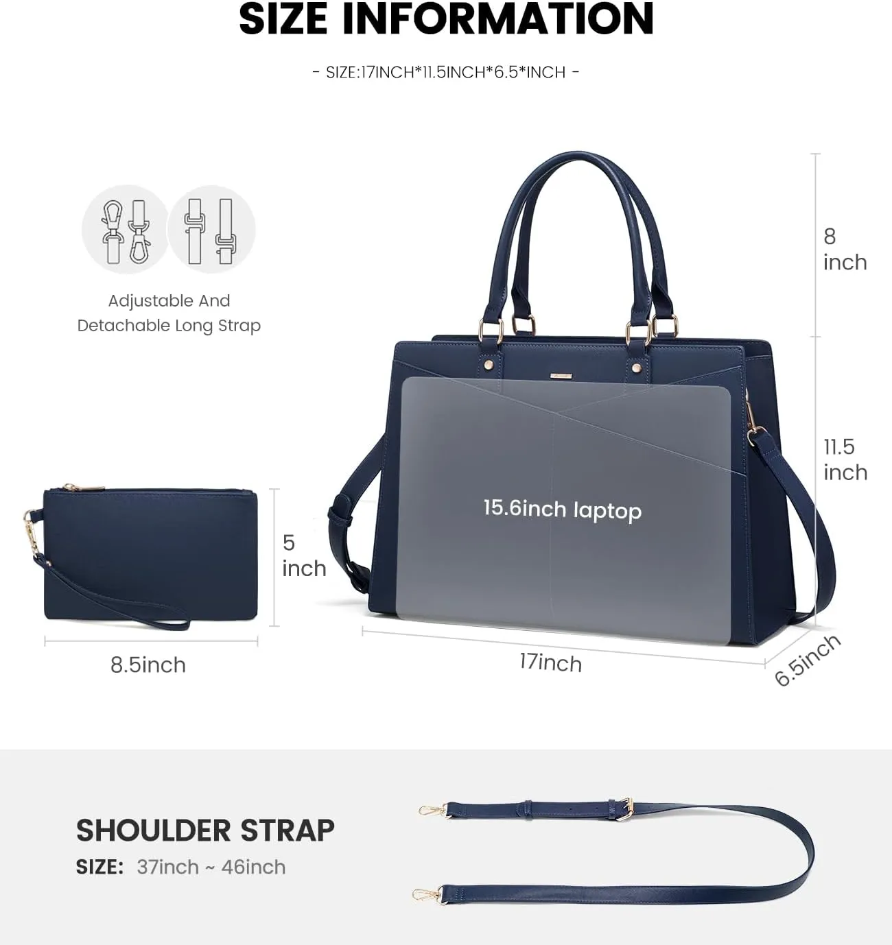 LOVEVOOK Laptop Tote Bag for Women, Leather Business Office Work Bag Computer Briefcase with Small Clutch fit for 15.6 Inch Laptop Navy Blue