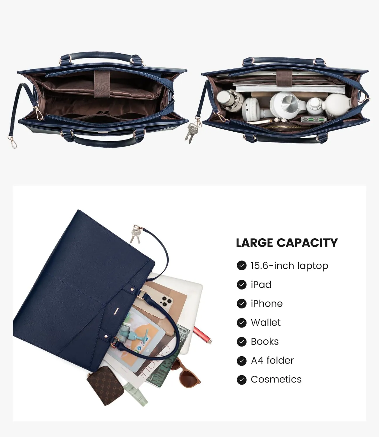LOVEVOOK Laptop Tote Bag for Women, Leather Business Office Work Bag Computer Briefcase with Small Clutch fit for 15.6 Inch Laptop Navy Blue