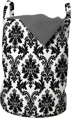 Lunarable Damask Laundry Bag, Vintage Style Pattern Classical Victorian Interior Design Elements Floral Print, Hamper Basket with Handles Drawstring Closure for Laundromats, 13" x 19", Black and White