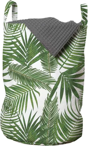 Lunarable Exotic Laundry Bag, Tropical Palm Leaves Areca Sago Howea Forsteriana Foliage Urban Design Pattern, Hamper Basket with Handles Drawstring Closure for Laundromats, 13" x 19", Green and White