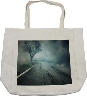 Lunarable Horror House Shopping Bag, Scary Highway with Cracks on Asphalt Surreal Melancholic Winter Art Design, Eco-Friendly Reusable Bag for Groceries Beach and More, 15.5" X 14.5", Cream
