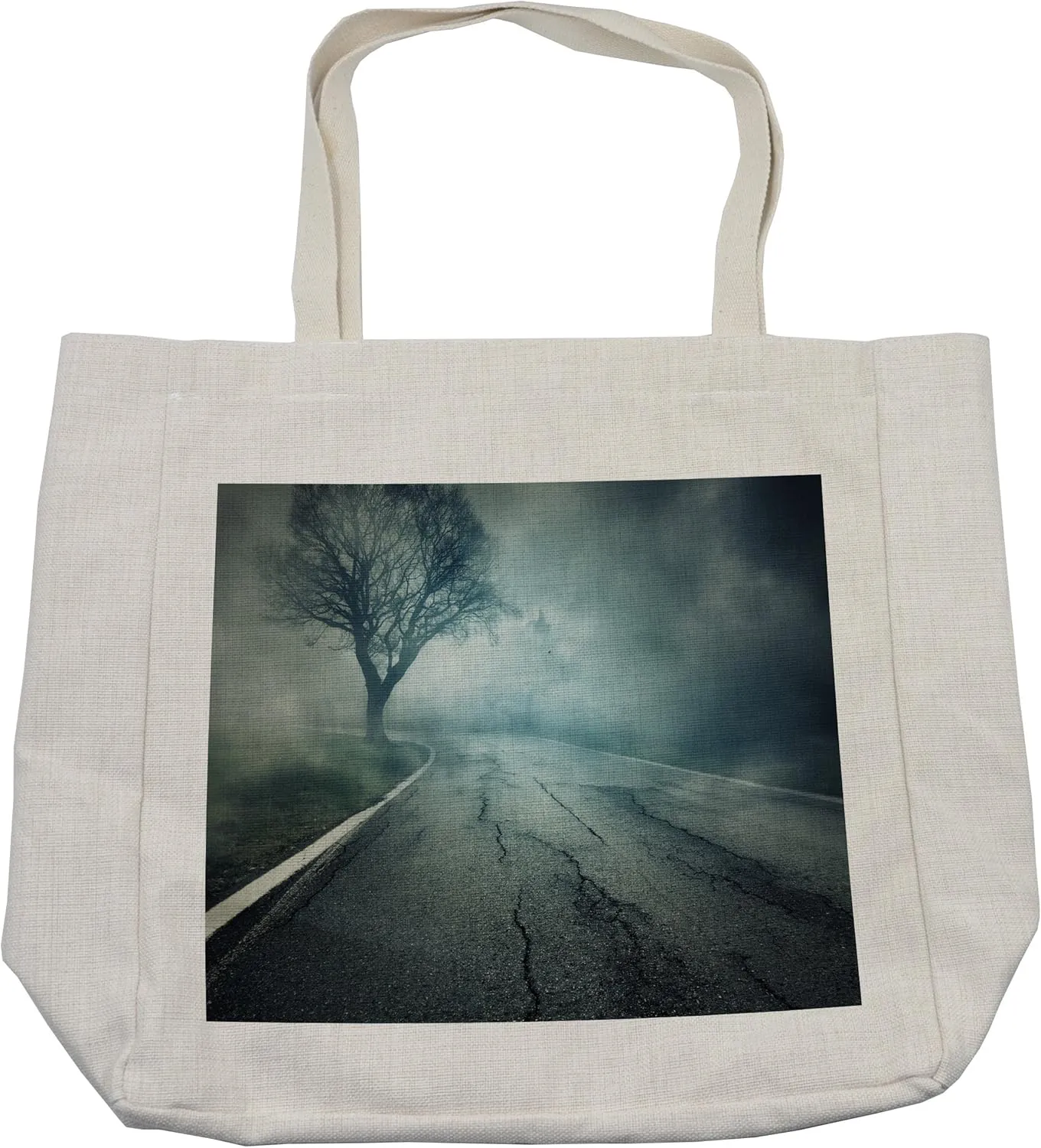 Lunarable Horror House Shopping Bag, Scary Highway with Cracks on Asphalt Surreal Melancholic Winter Art Design, Eco-Friendly Reusable Bag for Groceries Beach and More, 15.5" X 14.5", Cream