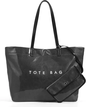 Lushandy Tote Bag for Women Thick PVC Tote Bags with Shouler Strap Large Plastic Carry All Bag Designer Hobo Handbag for Work