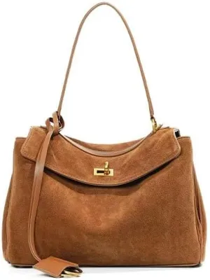 Luxury Suede Leather Shoulder Bag, Large Capacity Tote Handbag with Gold Hardware, Brown