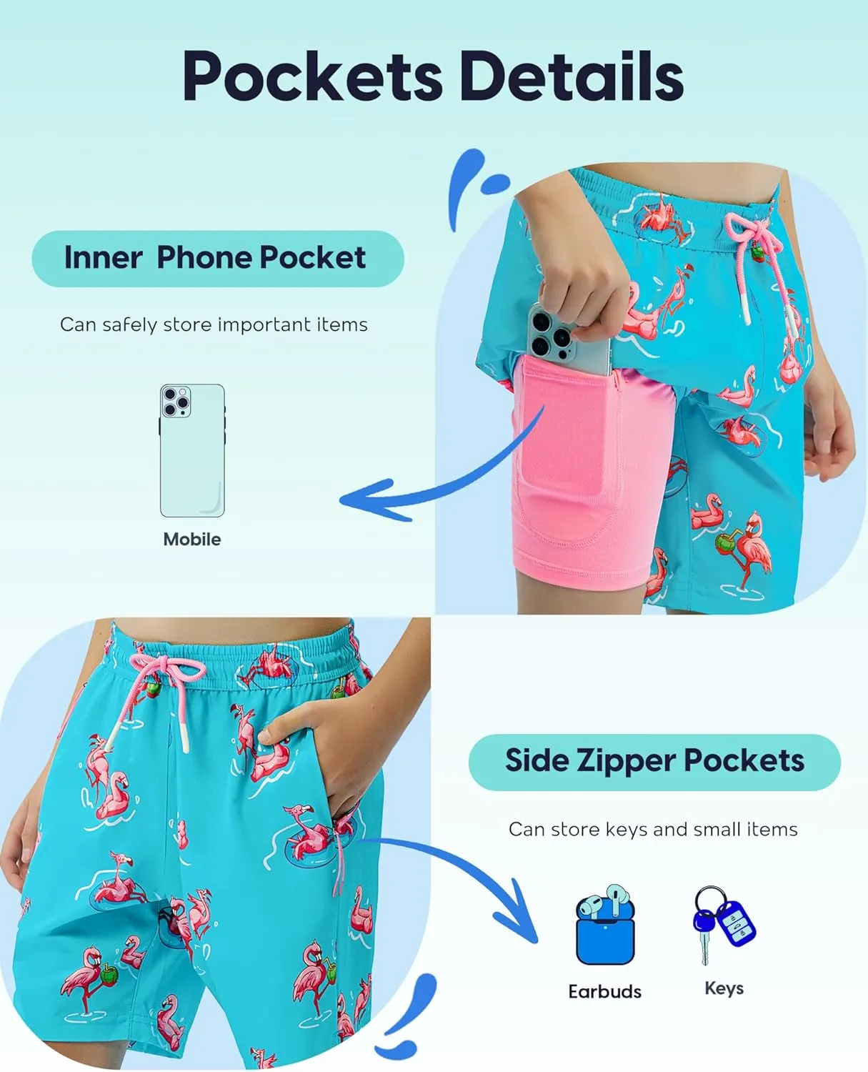 maamgic Boys Swim Trunks Compression Liner Stretch Teen Boy Swim Shorts Anti-Chafe Bathing Suits with Zipper Pockets