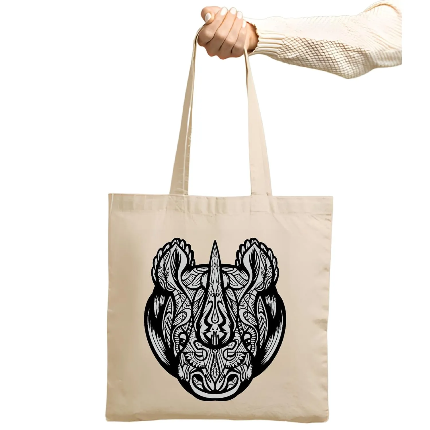 Mandala Rhino Head Gift Unique Mandala Motifs Natural White Multicolor Canvas Tote Bag