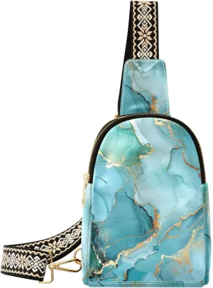 Marble Bag Small Sling Bag for Women Abstract Turquoise Marble Dreamy Leather Crossbody Bags Chest Bag Waist Packs