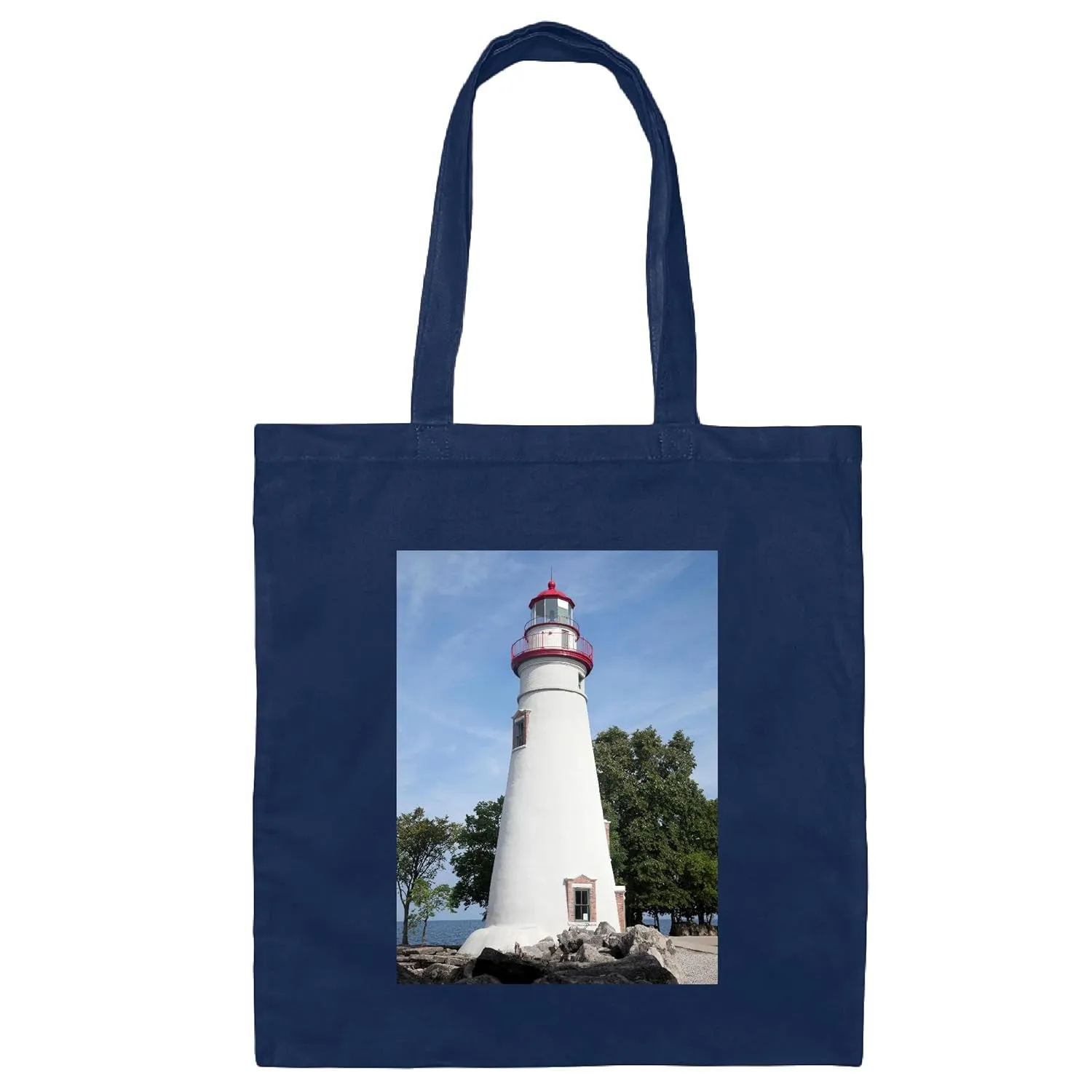 Marblehead Lighthouse looking over Lake Erie Navy Black Multicolor Canvas Tote Bag