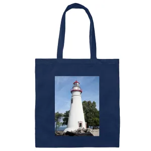 Marblehead Lighthouse looking over Lake Erie Navy Black Multicolor Canvas Tote Bag