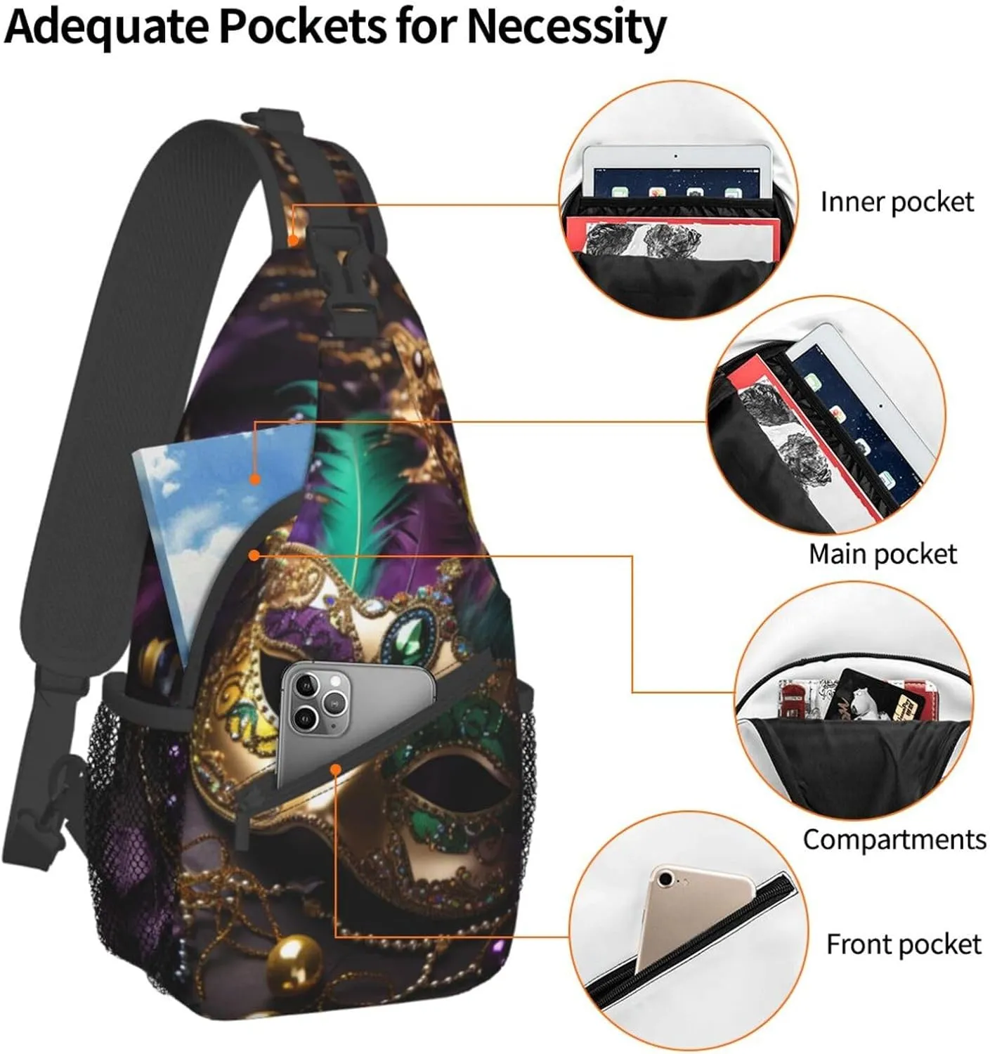 Mardi Gras Mask Outdoor Crossbody Shoulder Bag For Unisex Young Adult Hiking Bicycling