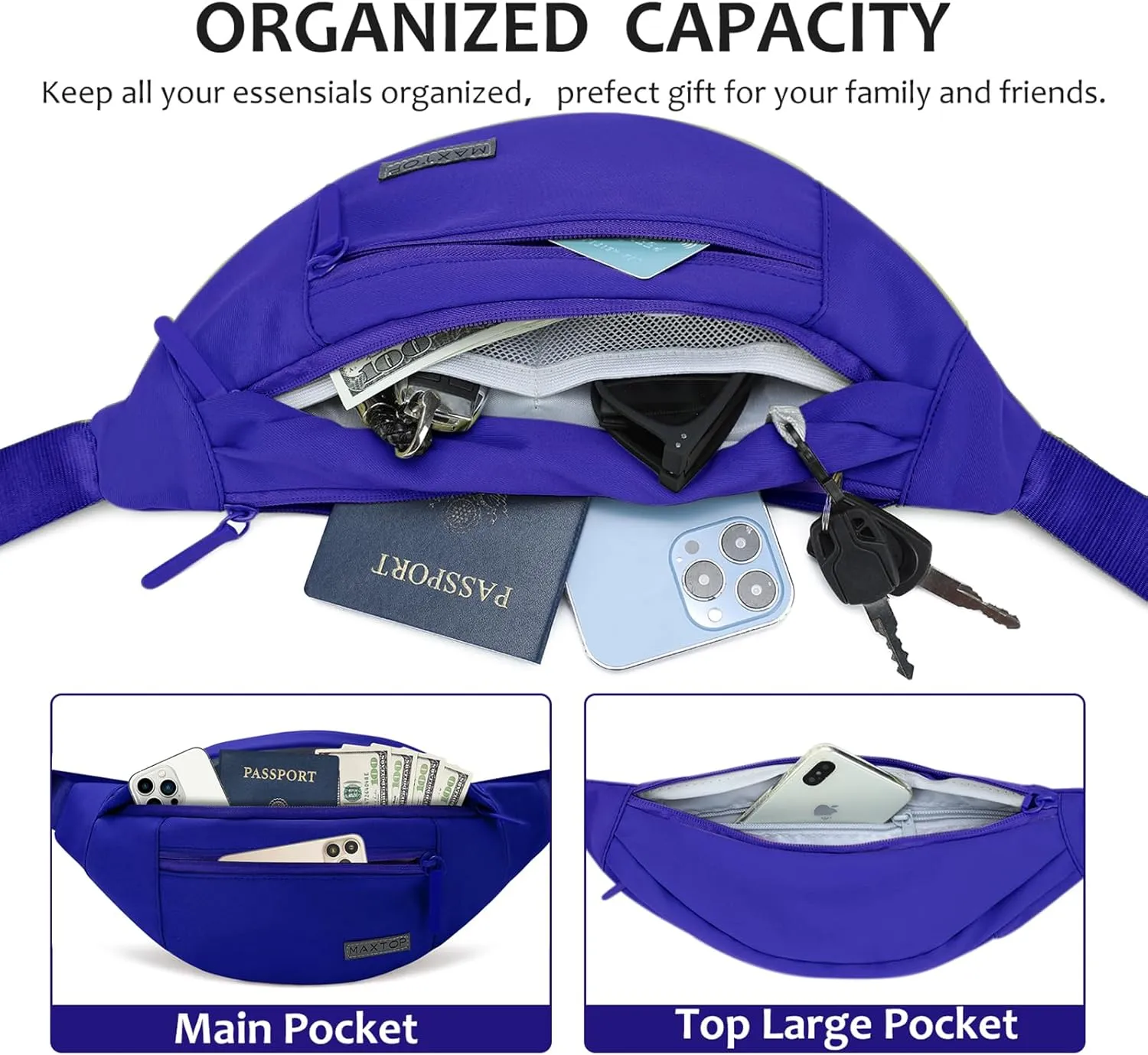 MAXTOP Fanny Pack with 4-Zipper Pockets for Women Men Large Cross Body Bag for Enjoy Sports Workout Running Hiking Casual Hands-Free Waist Pack Travel Essentials Carrying All Size of Phones,Blue