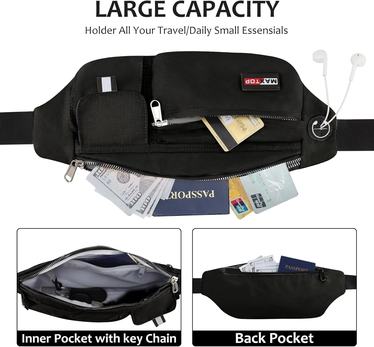MAXTOP Large Crossbody Fanny Pack Running Travel Belts for Women Men,Water Resistant Belt Bag for Fitness Yoga Jogging Hiking Dog Waliking,Running Accessories Waist Pack Passport Bag Fits All Phones