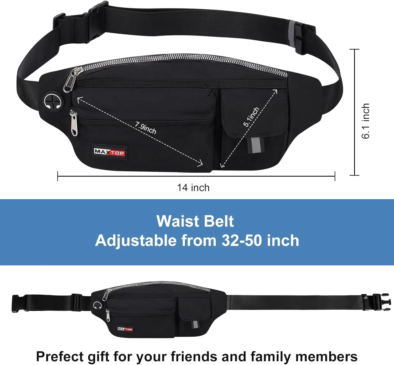 MAXTOP Large Crossbody Fanny Pack Running Travel Belts for Women Men,Water Resistant Belt Bag for Fitness Yoga Jogging Hiking Dog Waliking,Running Accessories Waist Pack Passport Bag Fits All Phones