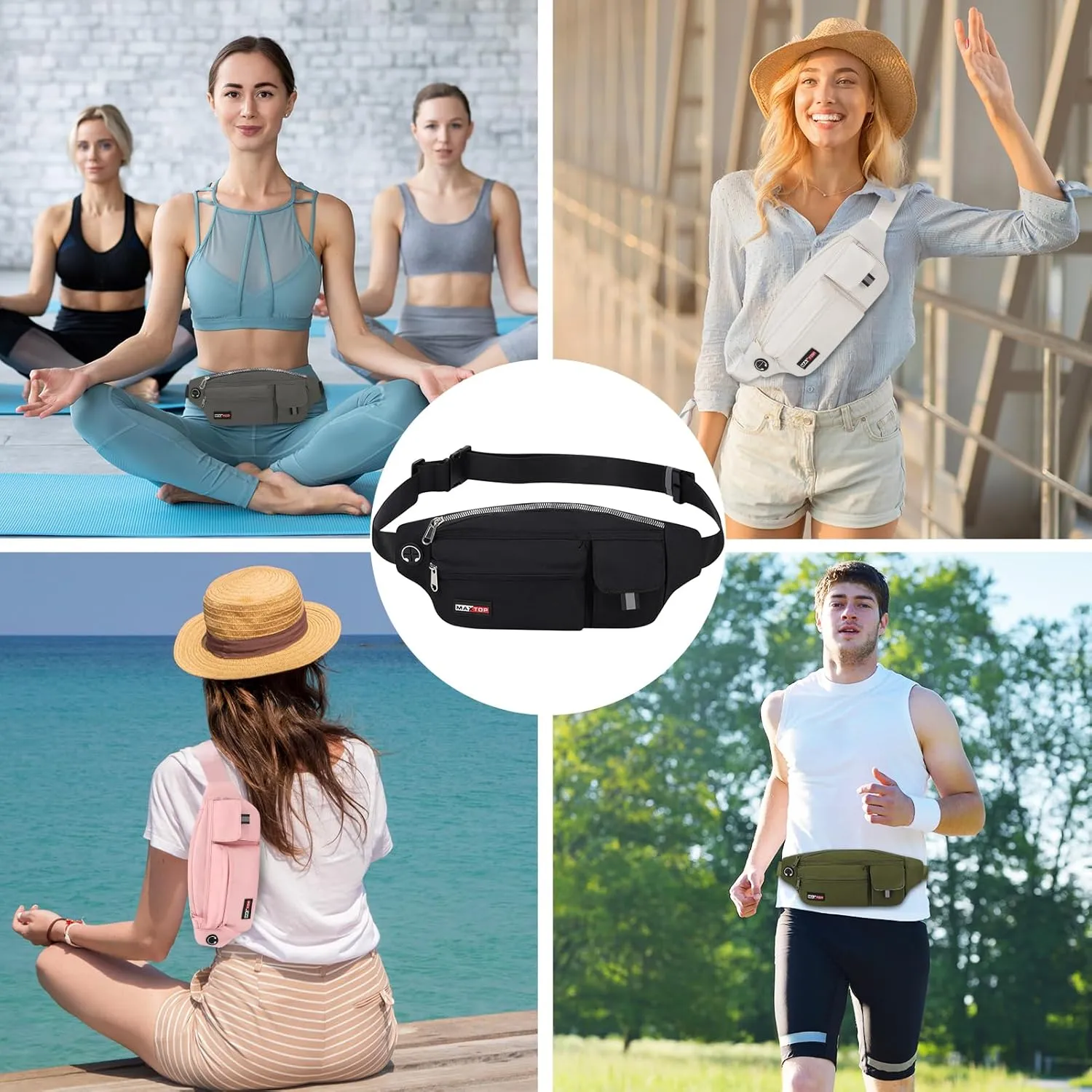 MAXTOP Large Crossbody Fanny Pack Running Travel Belts for Women Men,Water Resistant Belt Bag for Fitness Yoga Jogging Hiking Dog Waliking,Running Accessories Waist Pack Passport Bag Fits All Phones