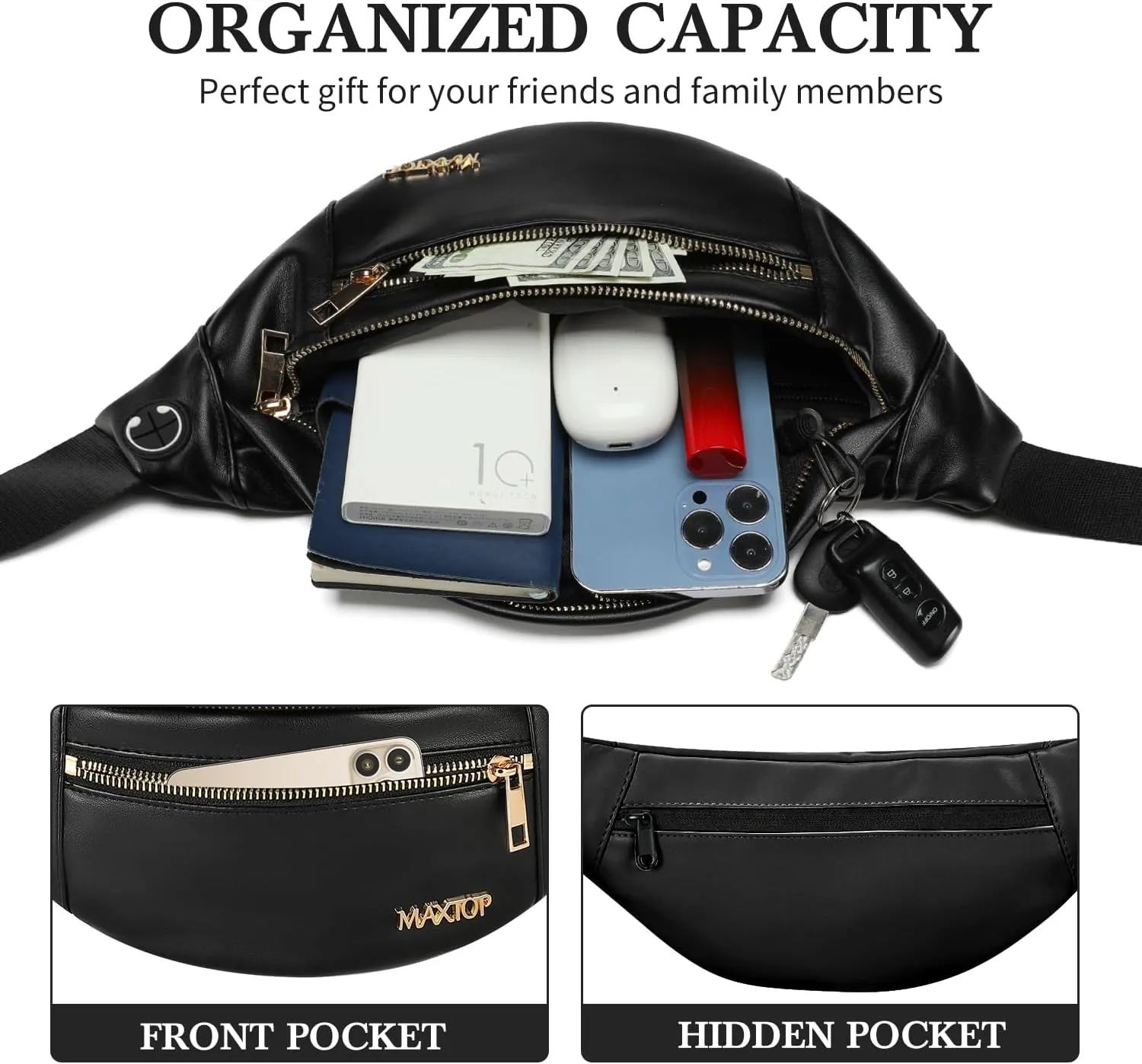 MAXTOP Large Crossbody Fanny Pack with 4-Zipper Pockets,Gifts for Enjoy Sports Festival Workout Traveling Running Casual Hands-Free Wallets Waist Pack Phone Bag Carrying All Phones