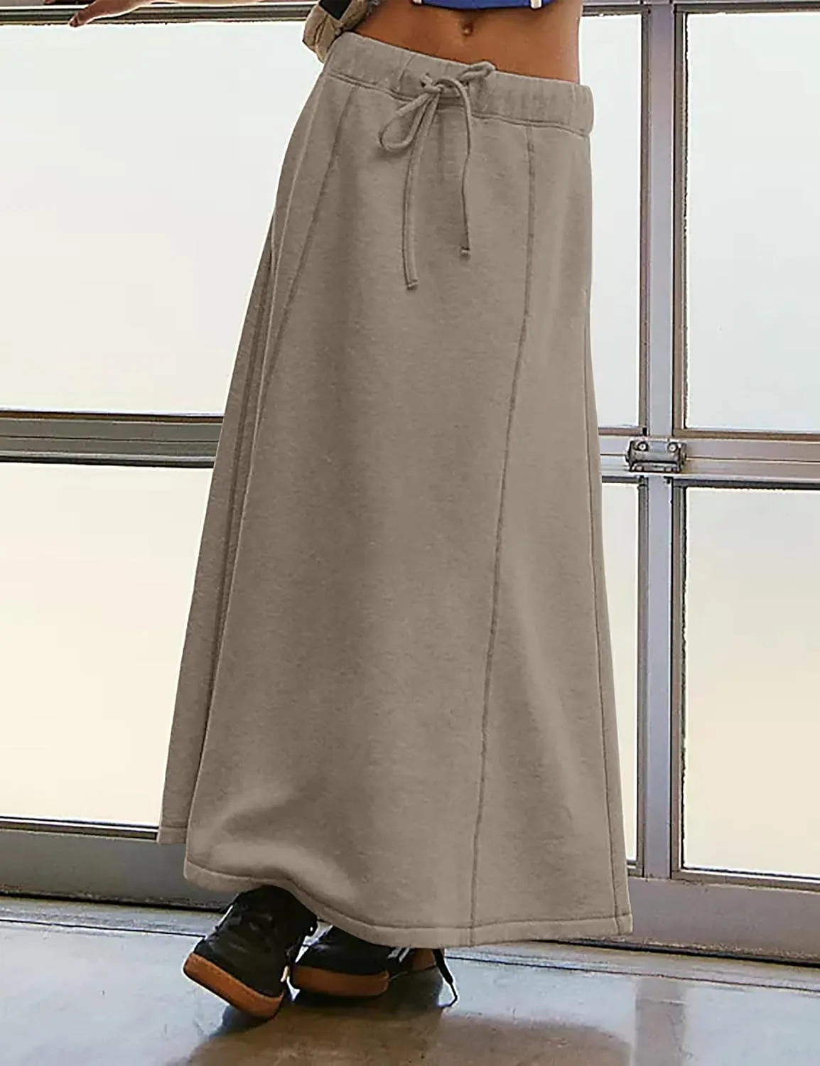 Meladyan Women’s Solid A Line Maxi Sweat Skirt Relaxed Fit Low Waist Athletic Skirt with Pockets