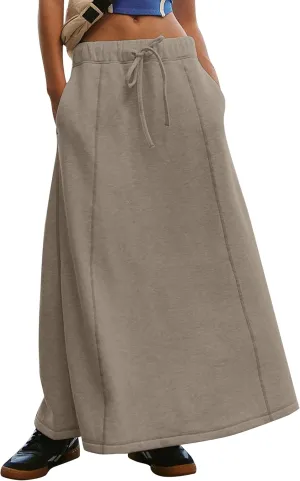Meladyan Women’s Solid A Line Maxi Sweat Skirt Relaxed Fit Low Waist Athletic Skirt with Pockets